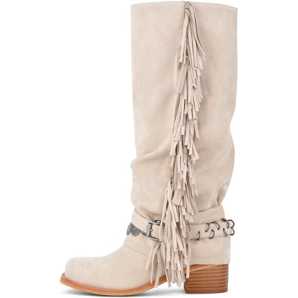 ⚡Women's Beide Suede Knee High Riding Boots Fringes Buckle Straps Chunky Heel - Picture 1 of 3